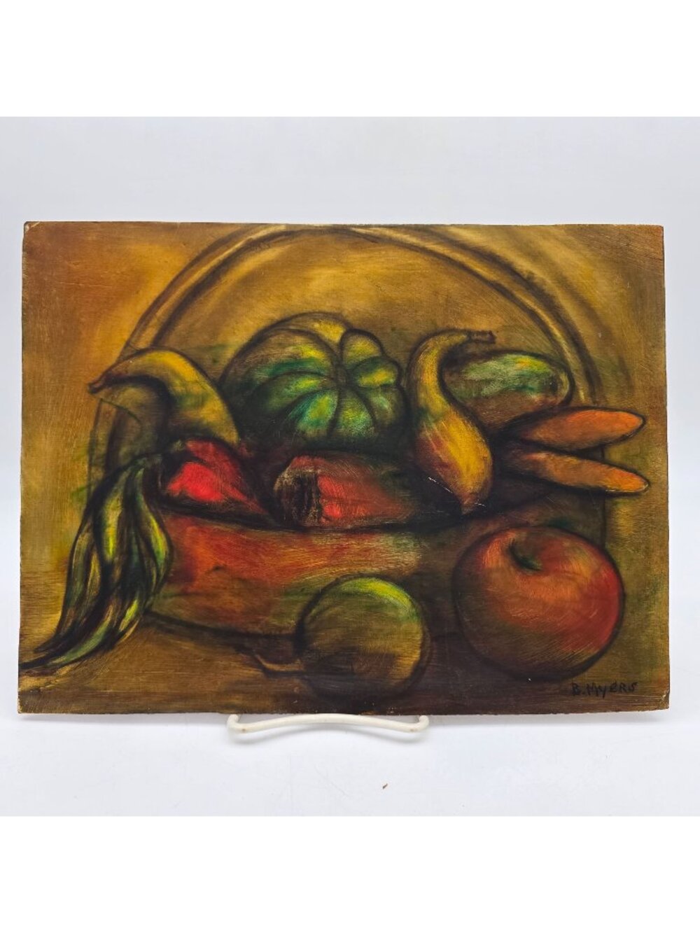 Vintage Still Life Painting Of Fruit Basket By B. Myers On Wood Panel 12" X 9"